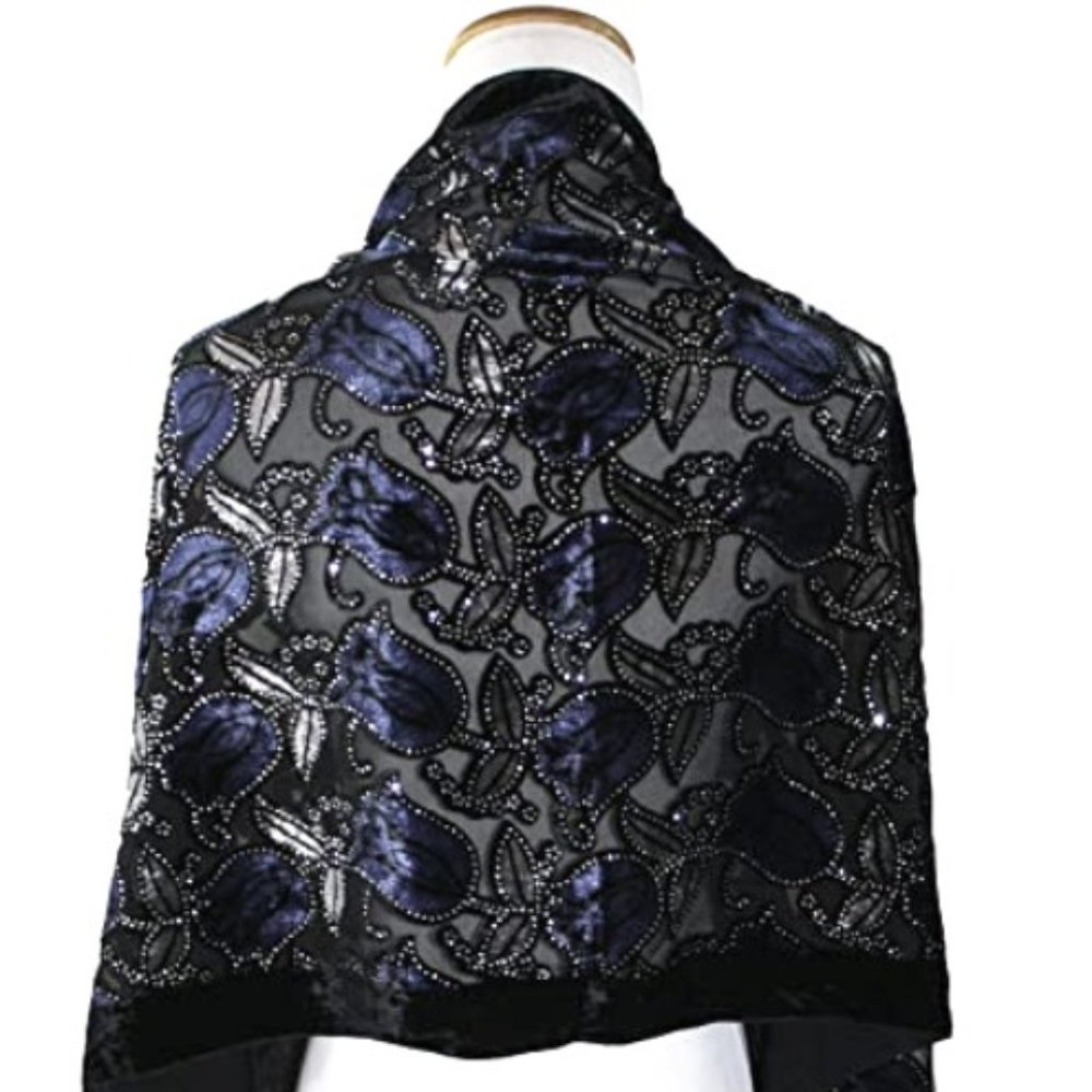 Blue Velvet Floral Pattern Scarf